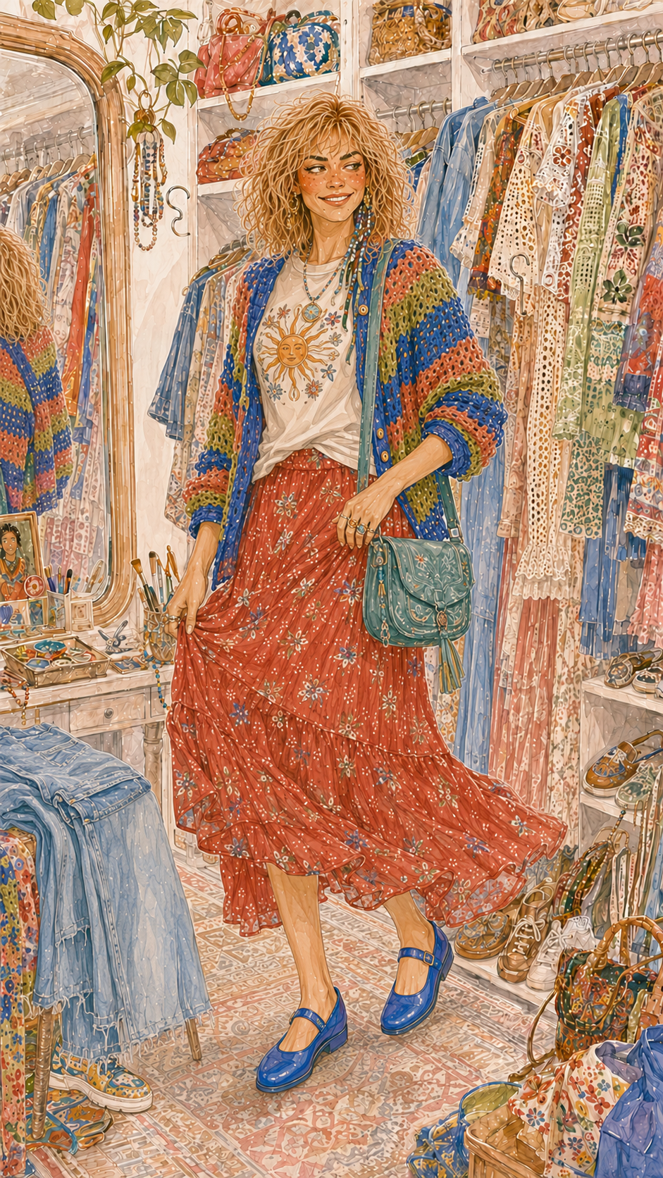 Watercolour painting of the same woman in a finished outfit: printed tee, red floral skirt, striped cardigan, teal bag and blue mary-jane shoes.