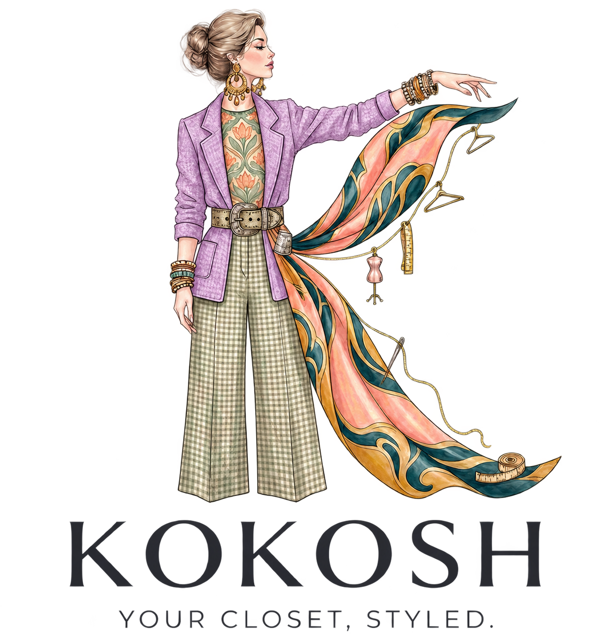 Kokosh, the KOKOSH stylist: a woman in a lilac blazer and gingham wide-leg trousers holding a flowing patterned scarf that forms a K, above the KOKOSH wordmark and the words your closet, styled.