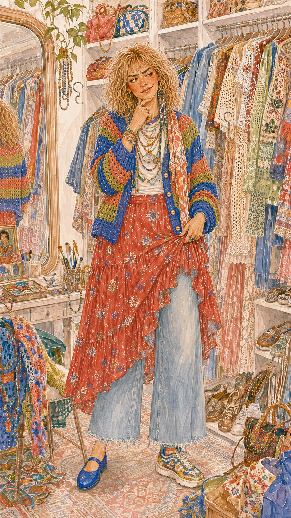 Watercolour painting of the same woman wearing the skirt over wide jeans with the cardigan, layered necklaces and two mismatched shoes.