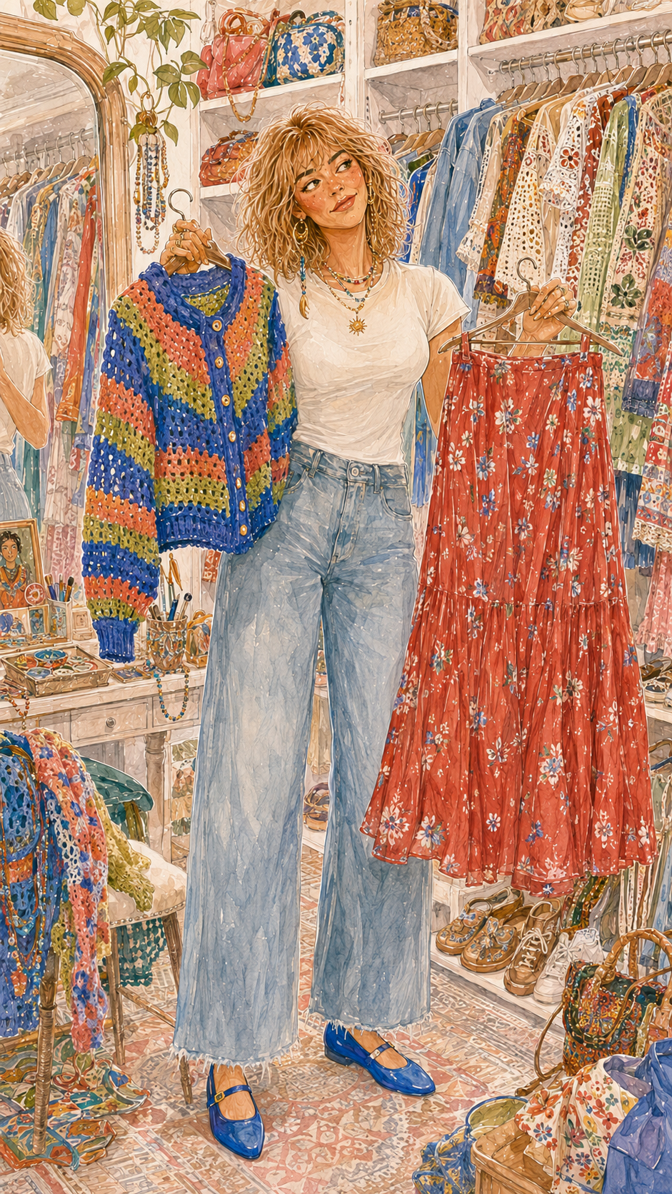 Watercolour painting of a woman in her closet holding up a striped crochet cardigan in one hand and a red floral skirt in the other, undecided.