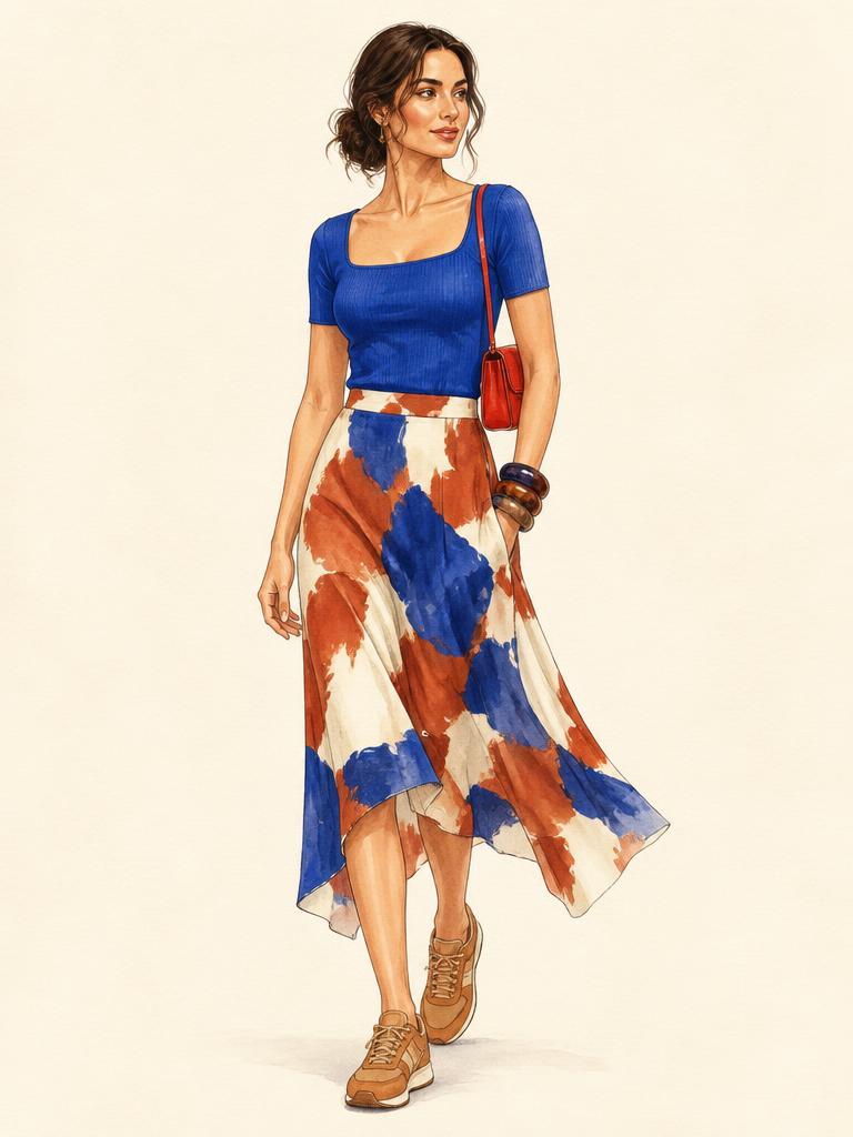 Watercolour fashion illustration of a woman in a cobalt square-neck knit top and an asymmetric midi skirt printed in rust, cobalt and ivory, with caramel retro sneakers, a small tomato-red shoulder bag and stacked tortoise and cobalt resin bangles.