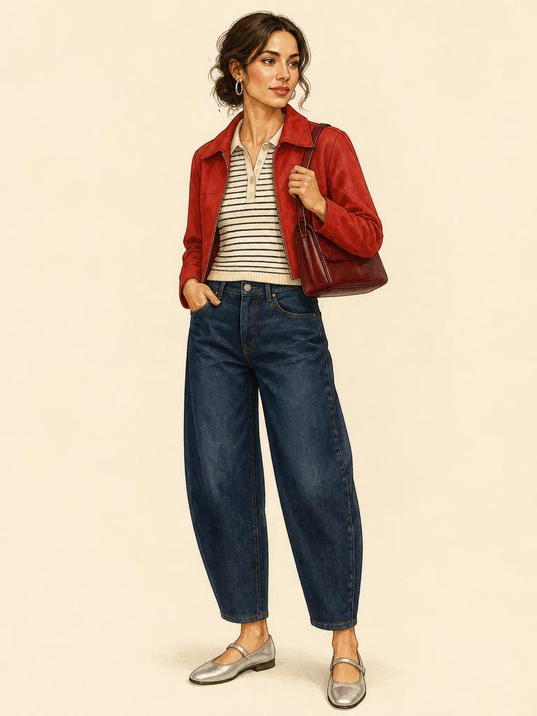 Watercolour fashion illustration of a woman in a cream-and-ink striped short-sleeve knit polo, dark indigo barrel jeans and a cherry-red cropped suede jacket, with silver flat Mary Janes, an oxblood east-west shoulder bag and sculptural silver hoop earrings.