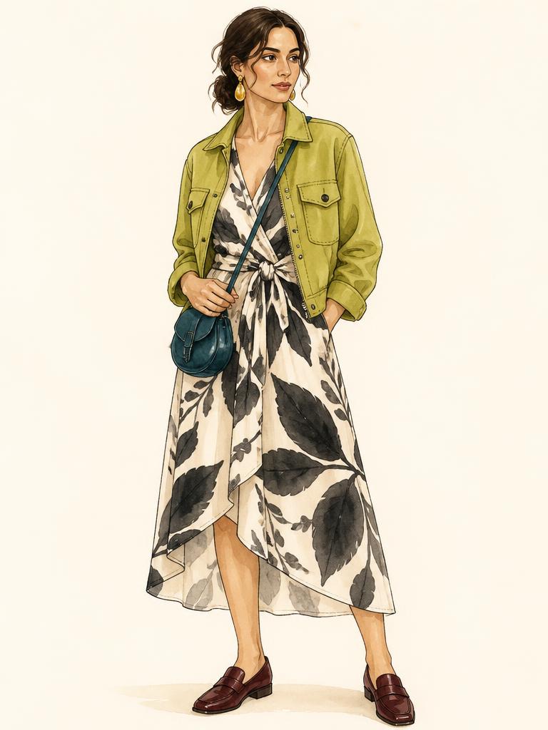 Watercolour fashion illustration of a woman in an ink-and-ivory graphic botanical wrap midi dress with an asymmetric hem under a cropped chartreuse utility jacket, with oxblood square-toe loafers, a deep-teal sculptural mini crossbody bag and hammered gold drop earrings.